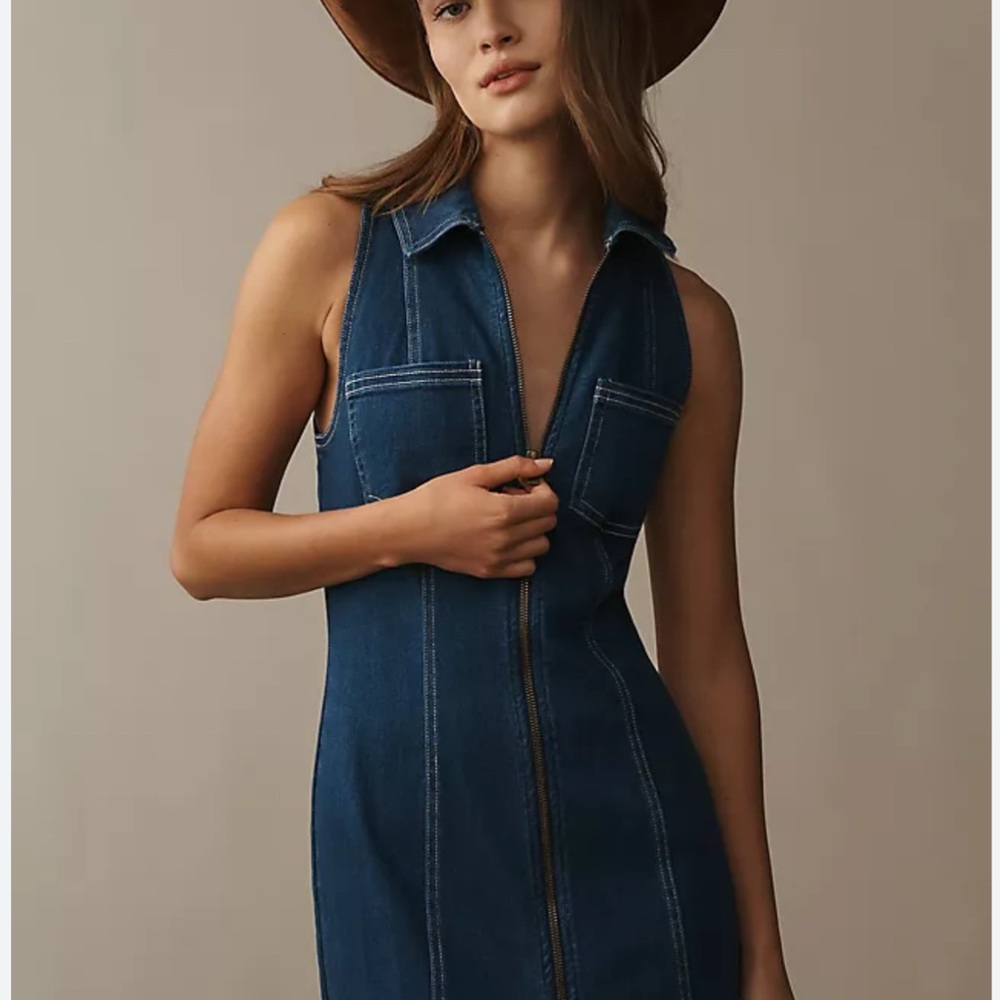 Anthropologie Pilcro Dark Blue Denim fitted MIDI  Dress